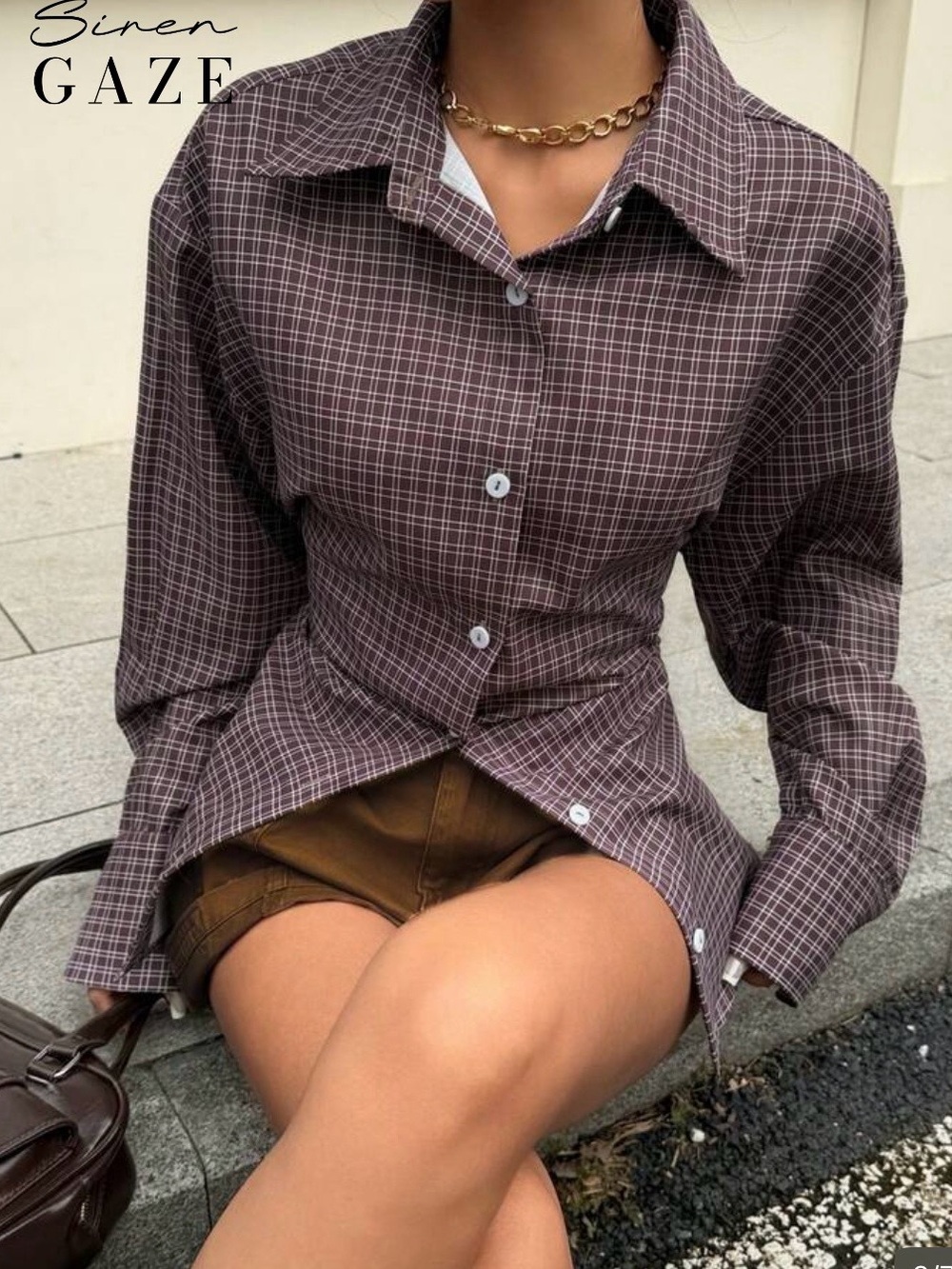 Classic Plaid Button-Up Shirt with lace up in back